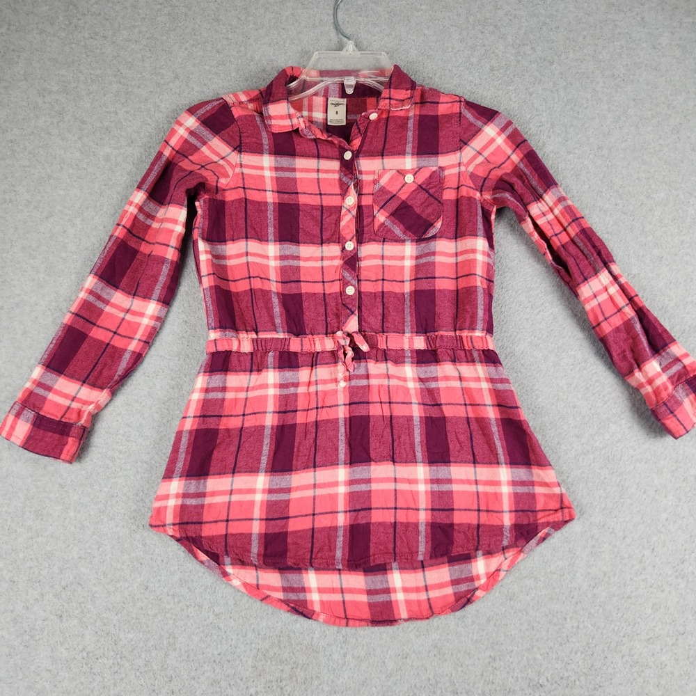 OshKosh‎ B'gosh Popover Tunic Top Girls 8 Pink Plaid Flannel Cotton Tie Waist